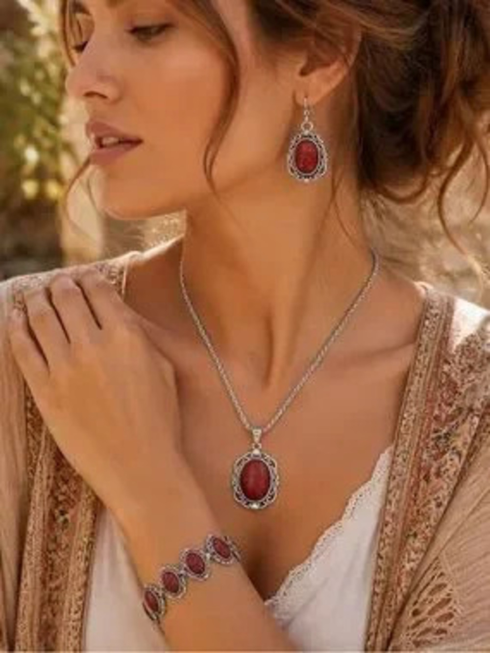 Anthropologie Silver-Tone Red Stone Necklace, Earrings & Bracelet Set